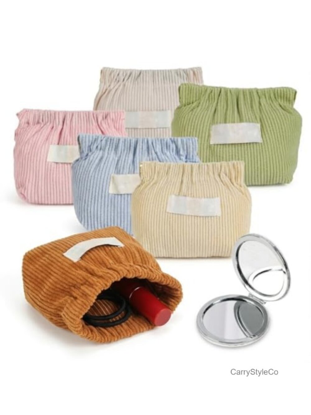 7-Piece Corduroy Makeup Bag Set No-Zipper Squeeze Pouch Organizer with Mirror